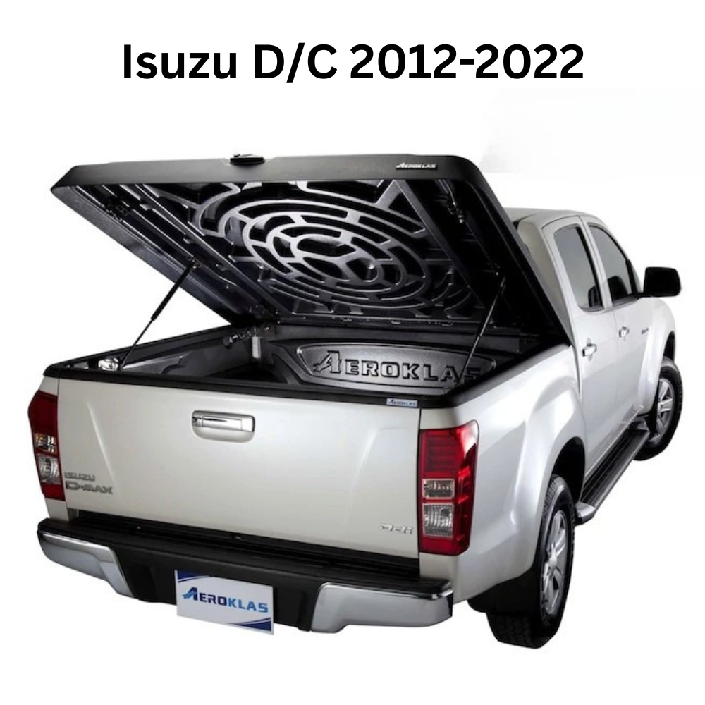 Couvre benne Aeroklas Speed en double coque ABS noir grainé pour double cab, protégé et sécurisé, vue de face.
