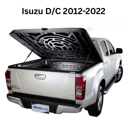 Couvre benne Aeroklas Speed en double coque ABS noir grainé pour double cab, protégé et sécurisé, vue de face.