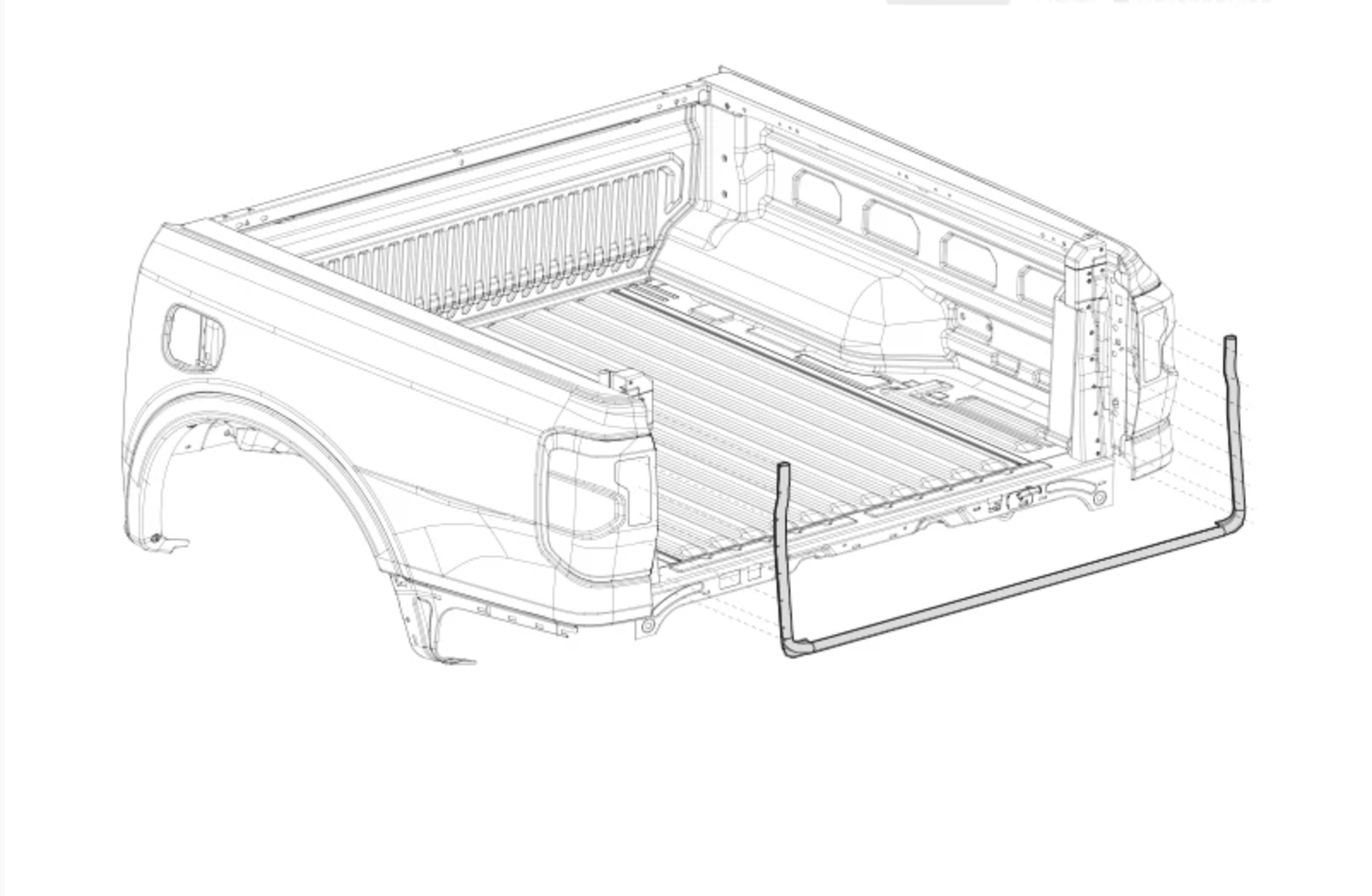 Joint anti-poussière pour ridelle Aeroklas sur support de benne, adapté aux Ranger, Raptor et Amarok 2023+ en image.