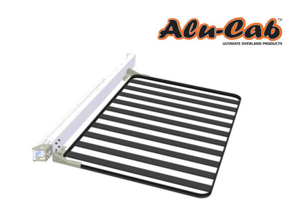 Support pour auvent Alu-Cab 270°/180° en aluminium, fixé sur galerie Pioneer Rhino Rack, accessoire robuste pour camping.