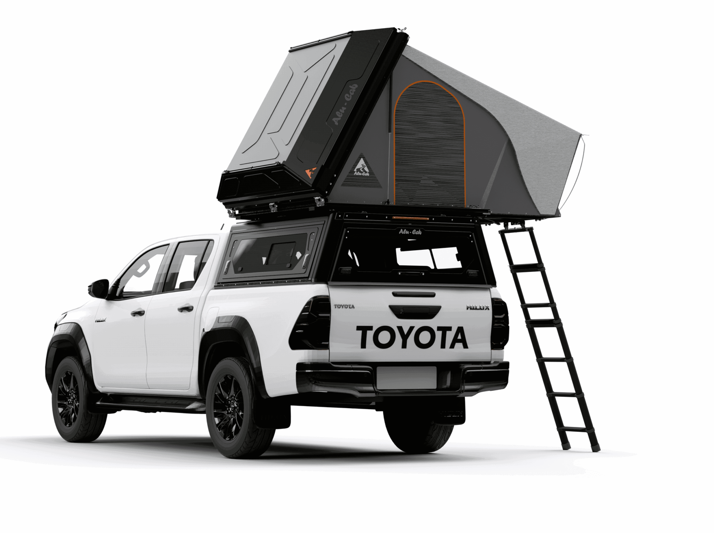 Tente de toit Alu-Cab RT-2S pour 2 personnes, coque en aluminium compacte, installation sur véhicule, vue de côté.