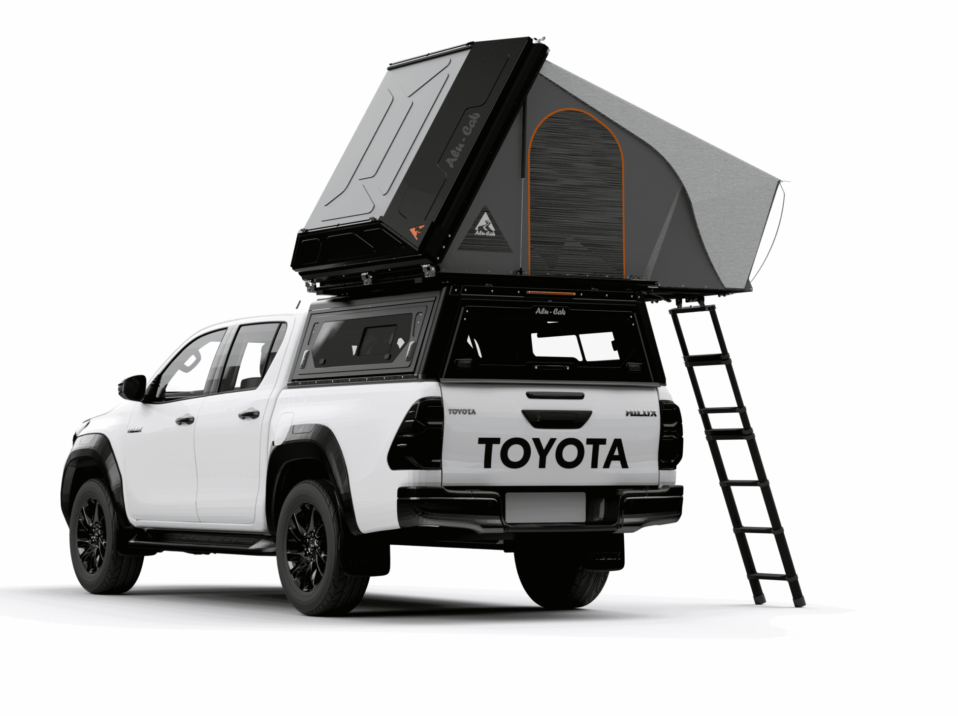 Tente de toit Alu-Cab RT-2S pour 2 personnes, coque en aluminium compacte, installation sur véhicule, vue de côté.