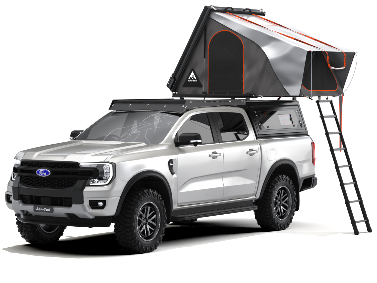 Tente de toit Alu-Cab RT-2S pour 2 personnes, coque en aluminium compacte, installation sur véhicule, vue de face.