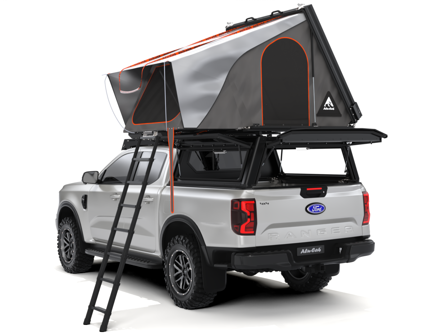 Tente de toit Alu-Cab RT-2S pour 2 personnes, coque en aluminium compacte, installée sur un véhicule tout-terrain.