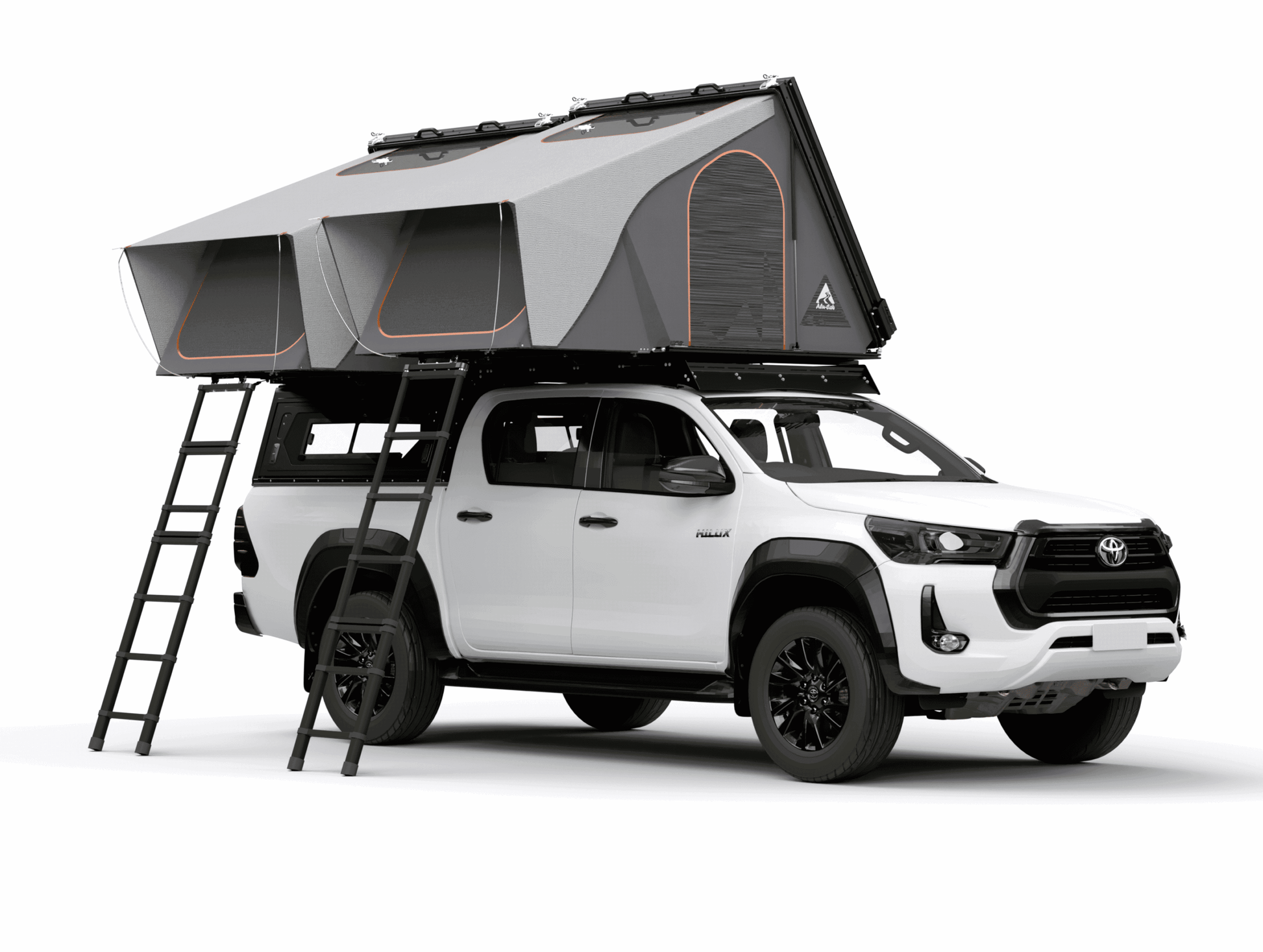 Tente de toit Alu-Cab RT-2S pour 2 personnes, coque en aluminium compacte, installée sur un véhicule tout-terrain.