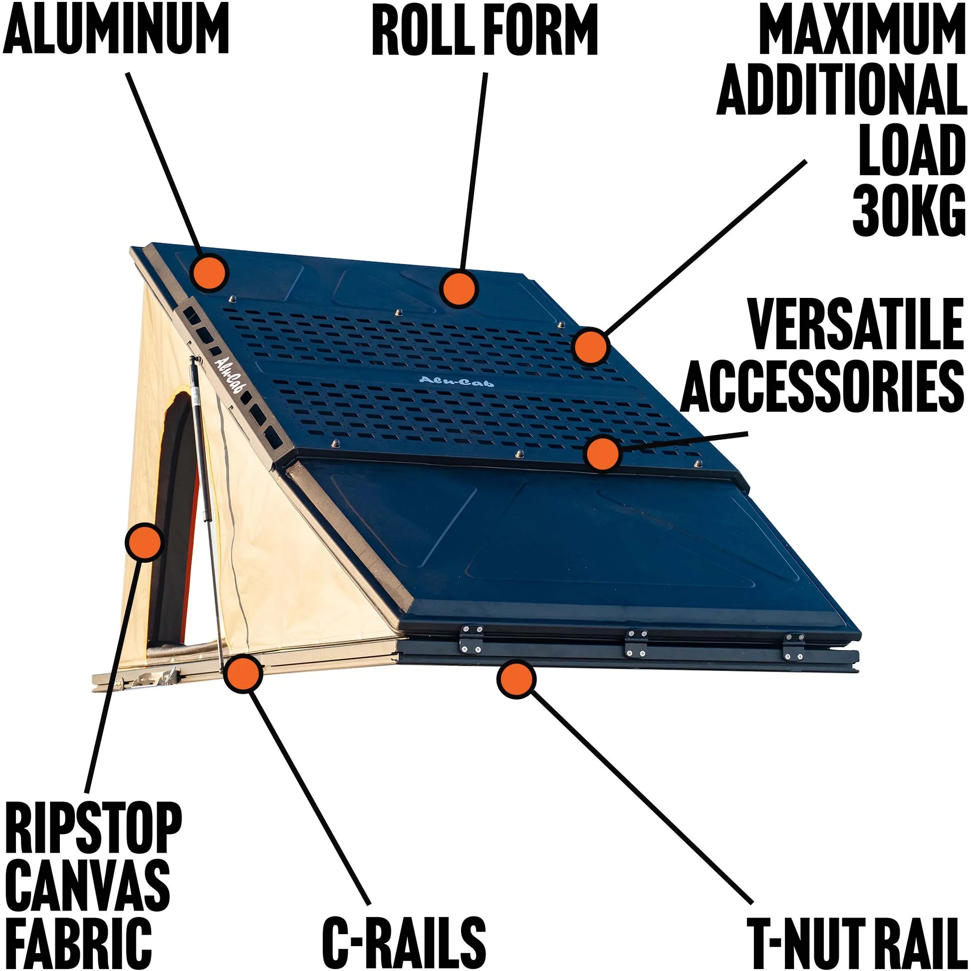 Tente de toit Alu-Cab LT-50 légère en aluminium, déployée sur un véhicule, avec fenêtre et matelas visible.