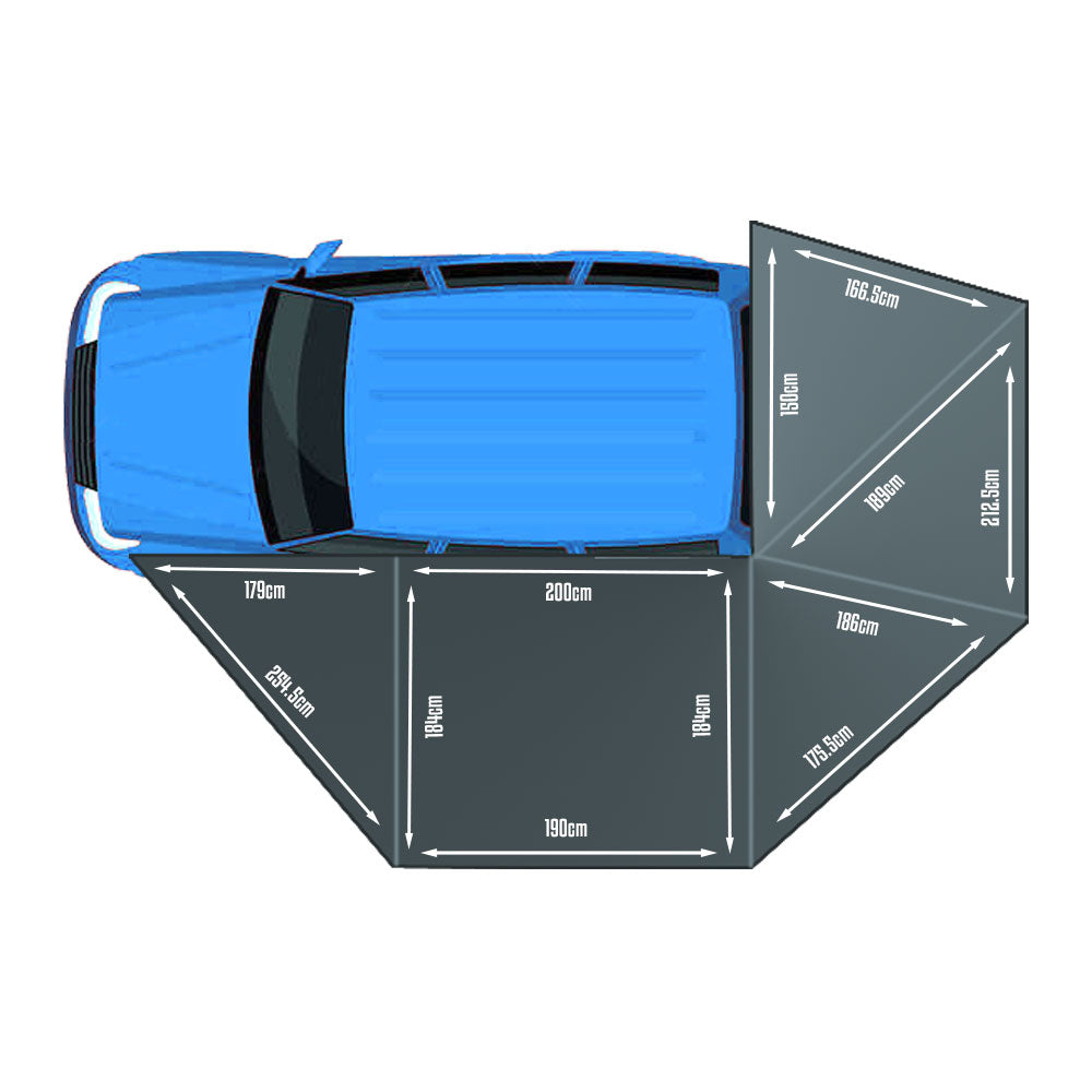 Auvent autoportant BULLFACE 270° XL Overland, modèle 470 Droite, installé sur un véhicule pour protection solaire et pluie