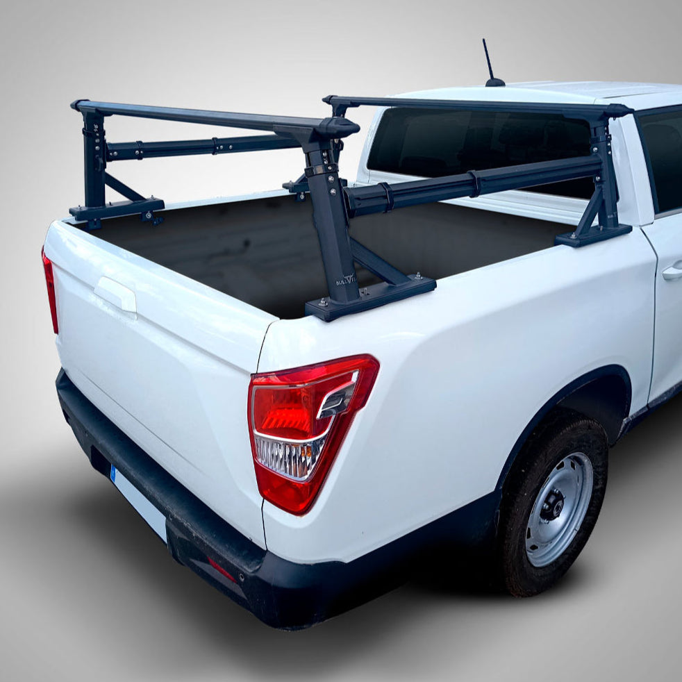 Support de benne universel en aluminium BULLFACE pour pickup, robuste et léger, idéal pour le transport de charges lourdes.