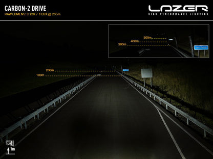 Phare LED compact LAZER LAMPS Carbon-2 Drive Mode Jaune avec faisceau lumineux, 3120 lumens, pour éclairage de conduite.