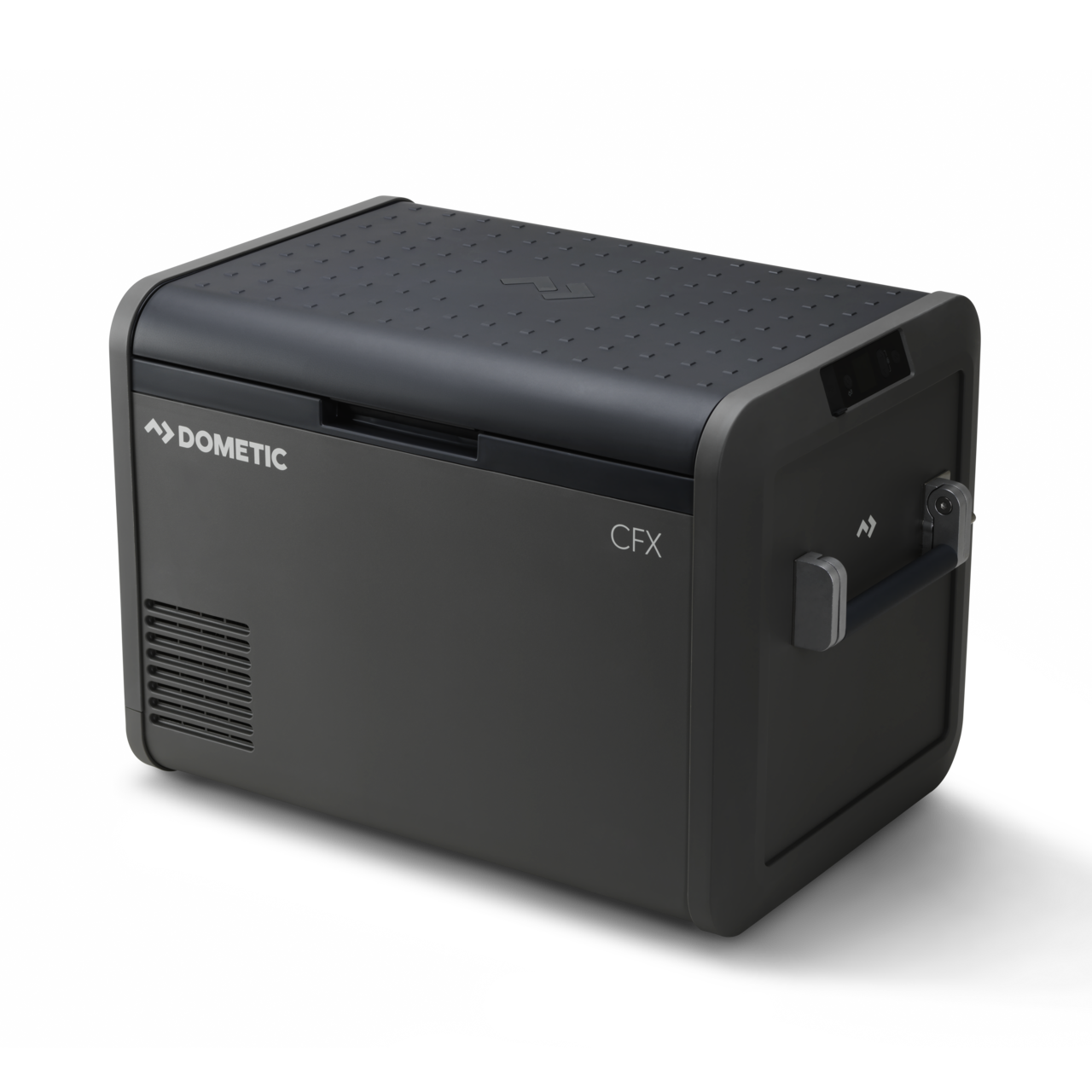 Réfrigérateur portable DOMETIC CFX5 55 haute performance, frigo de voyage avec accessoires, vue de face avec affichage numérique.