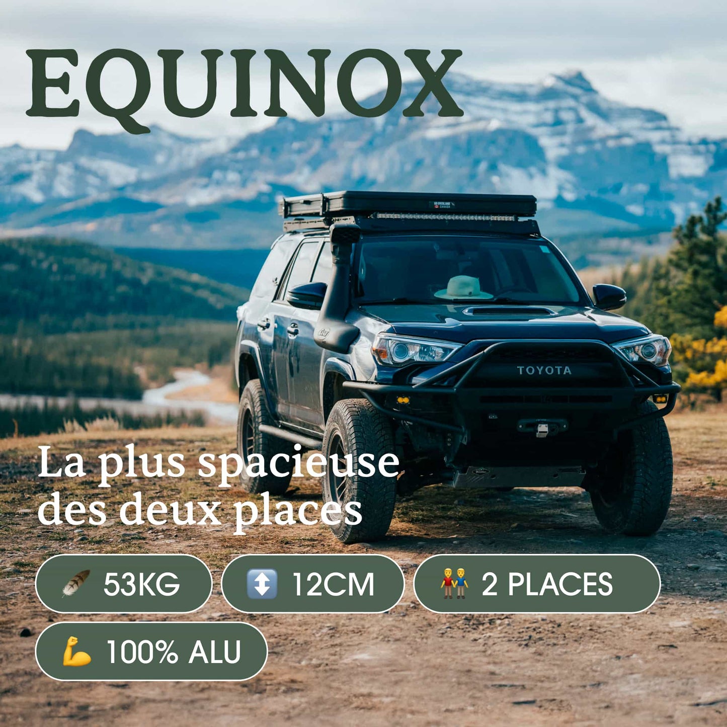 Tente de toit Equinox 2 places de GO OVERLAND CANADA en aluminium, montée sur un véhicule, idéale pour camping en plein air.