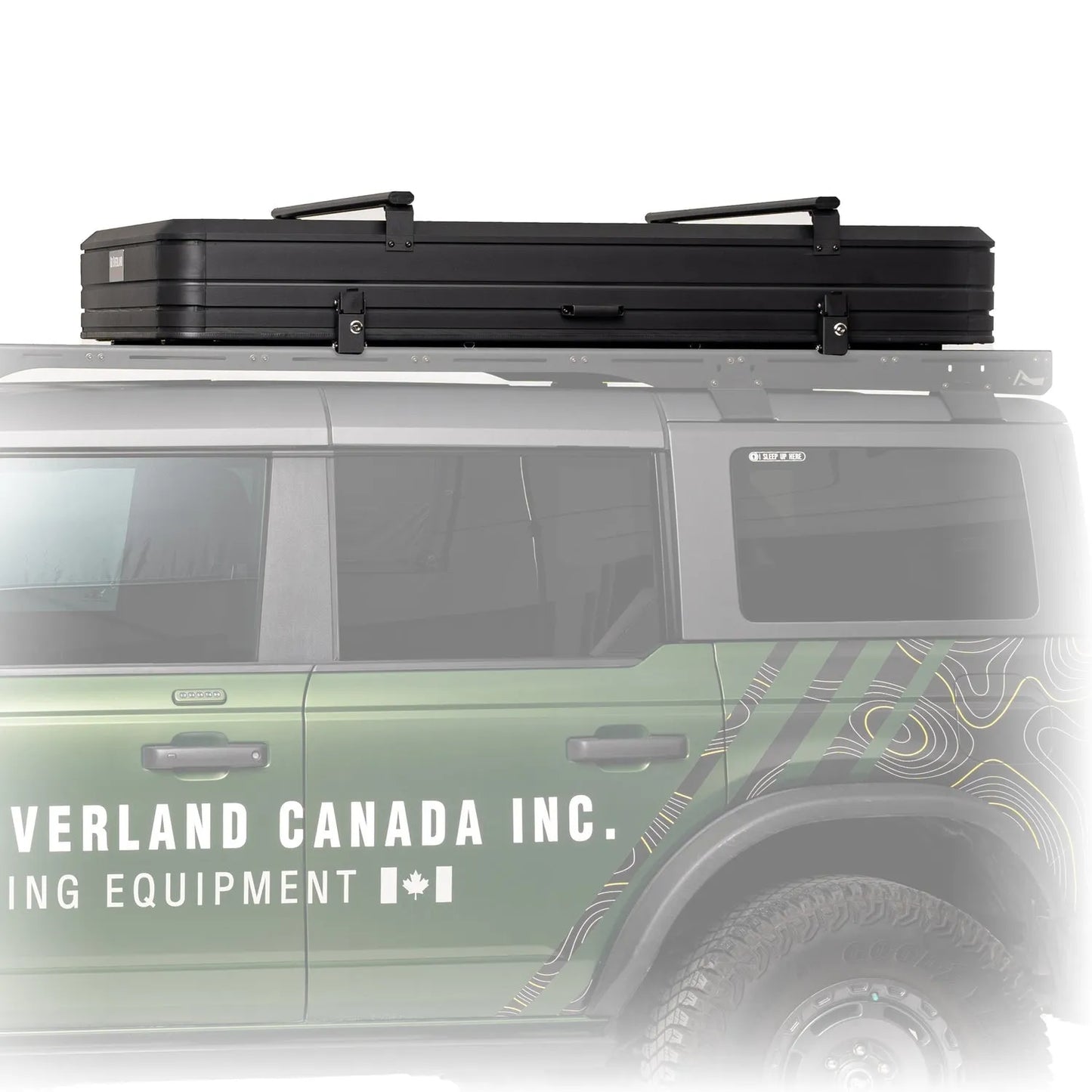 Tente de toit Expedition XL GO OVERLAND CANADA pour 4 à 5 personnes, installation sur véhicule tout-terrain, couleur beige.