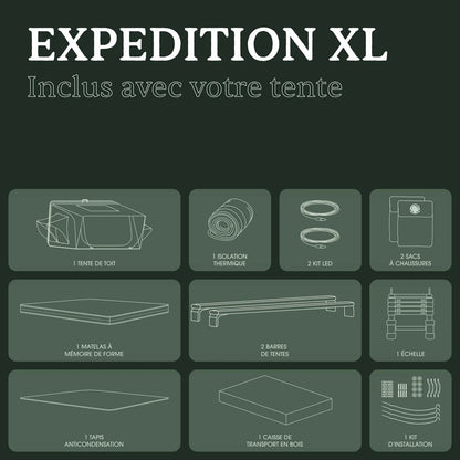 Tente de toit Expedition XL GO OVERLAND CANADA pour 4 à 5 places, installation sur véhicule tout-terrain, ouverte et prête à camper.