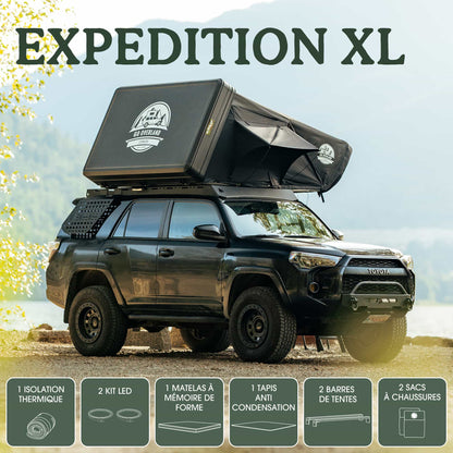 Tente de toit Expedition XL GO OVERLAND CANADA pour 4 à 5 personnes, installée sur un véhicule tout-terrain.