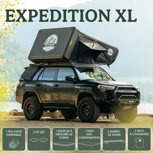Tente de toit Expedition XL GO OVERLAND CANADA pour 4 à 5 personnes, installée sur un véhicule tout-terrain.