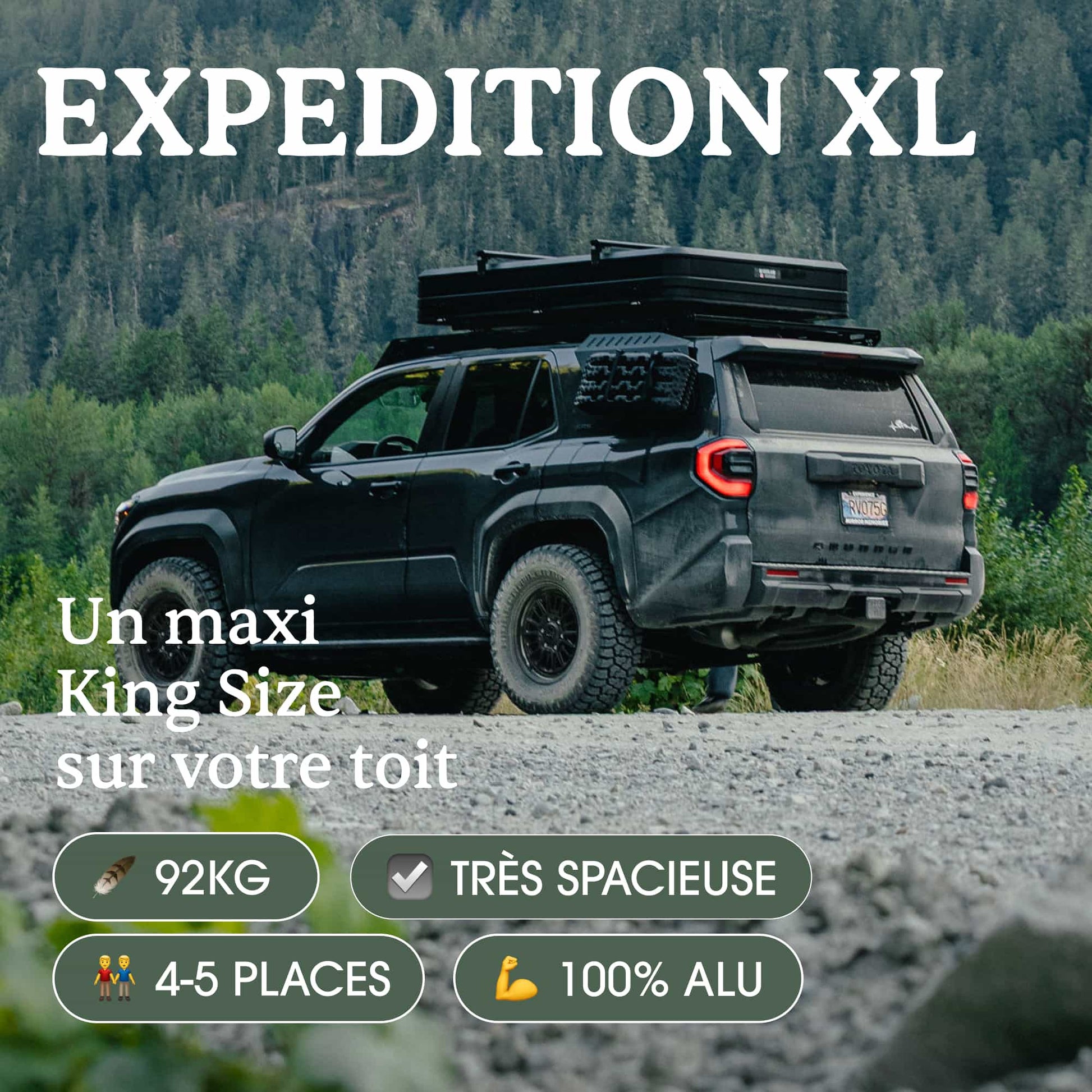 Tente de toit Expedition XL GO OVERLAND CANADA pour 4 à 5 personnes, montée sur un véhicule tout-terrain.