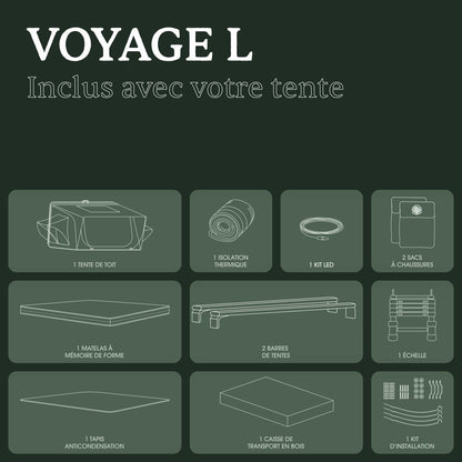 Tente de toit Voyage L GO OVERLAND CANADA pour 4 personnes, installation sur véhicule, tissu imperméable, ouverture avec fenêtre.