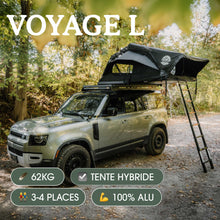 Tente de toit Voyage L GO OVERLAND CANADA pour 4 places, installation sur véhicule, tissu résistant et fenêtres avec moustiquaire.