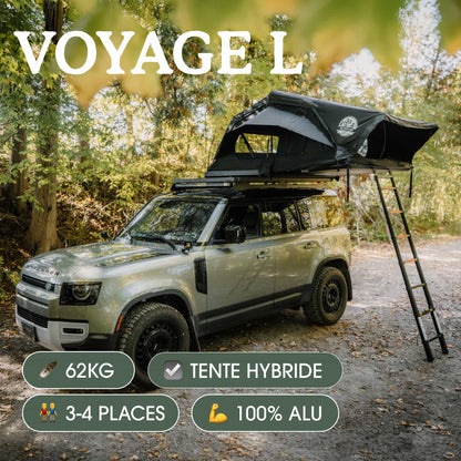 Tente de toit Voyage L GO OVERLAND CANADA pour 4 places, installation sur véhicule, tissu résistant et fenêtres avec moustiquaire.