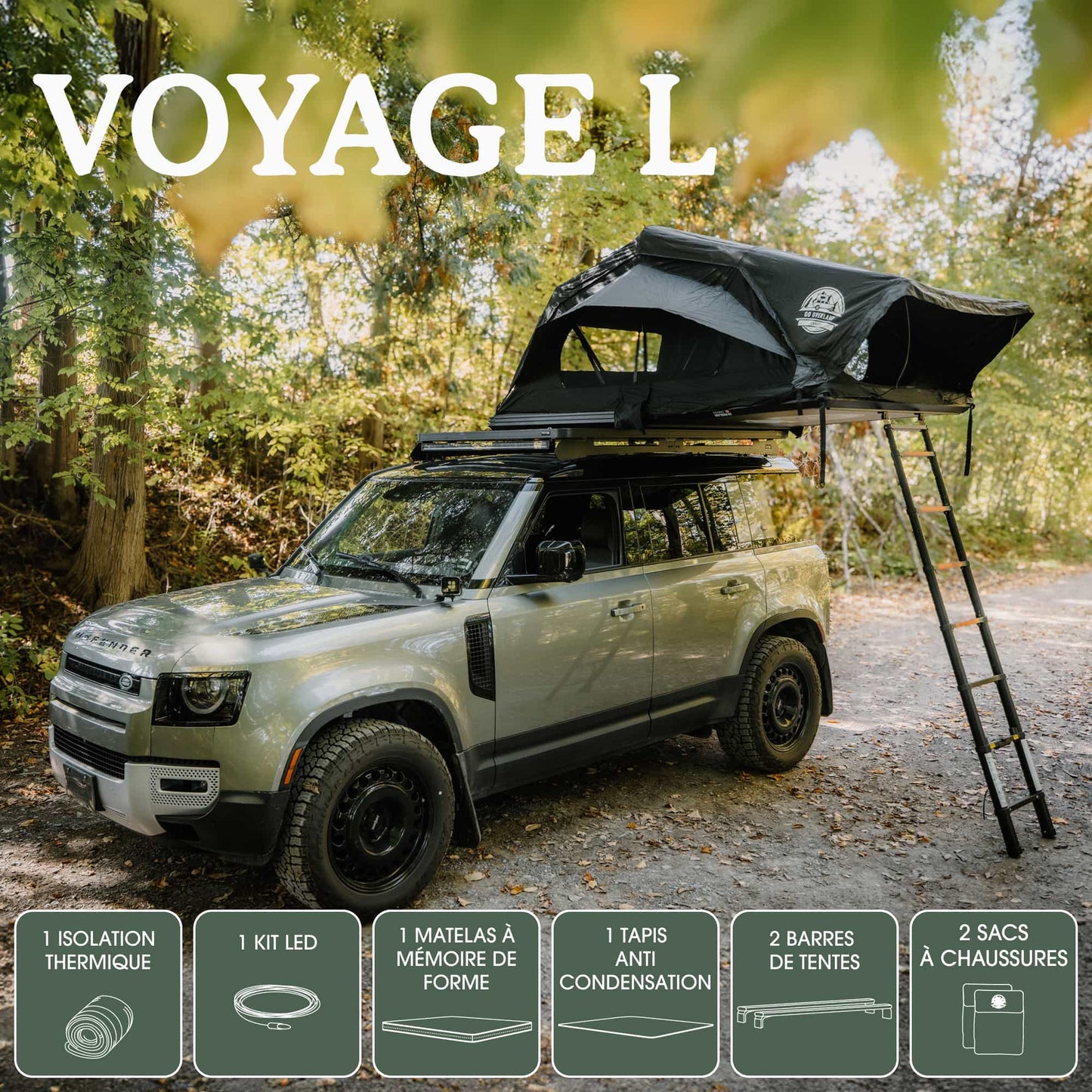 Tente de toit Voyage L GO OVERLAND CANADA pour 4 places, installation sur véhicule tout-terrain, accès par échelle.