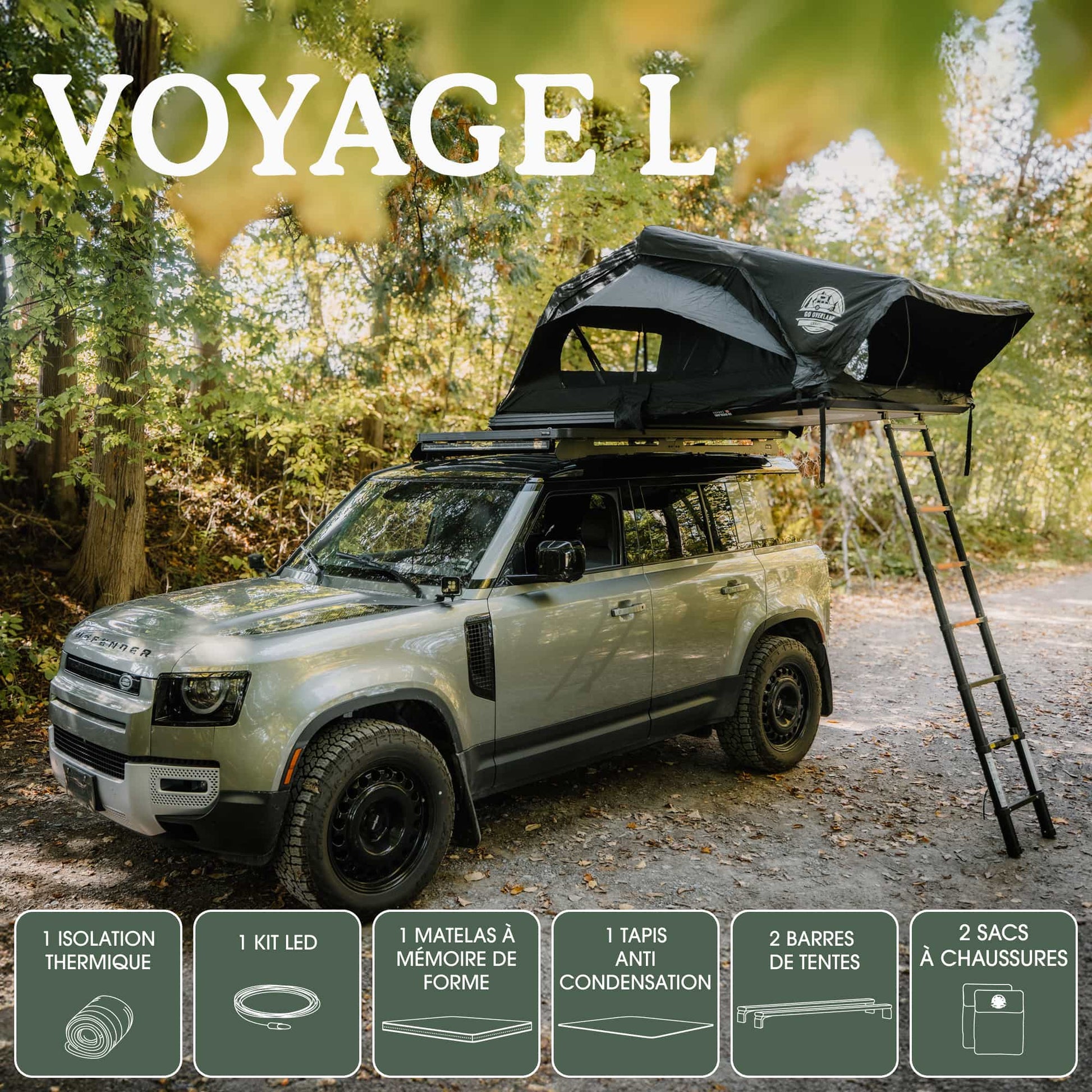Tente de toit Voyage L GO OVERLAND CANADA pour 4 places, installation sur véhicule tout-terrain, accès par échelle.