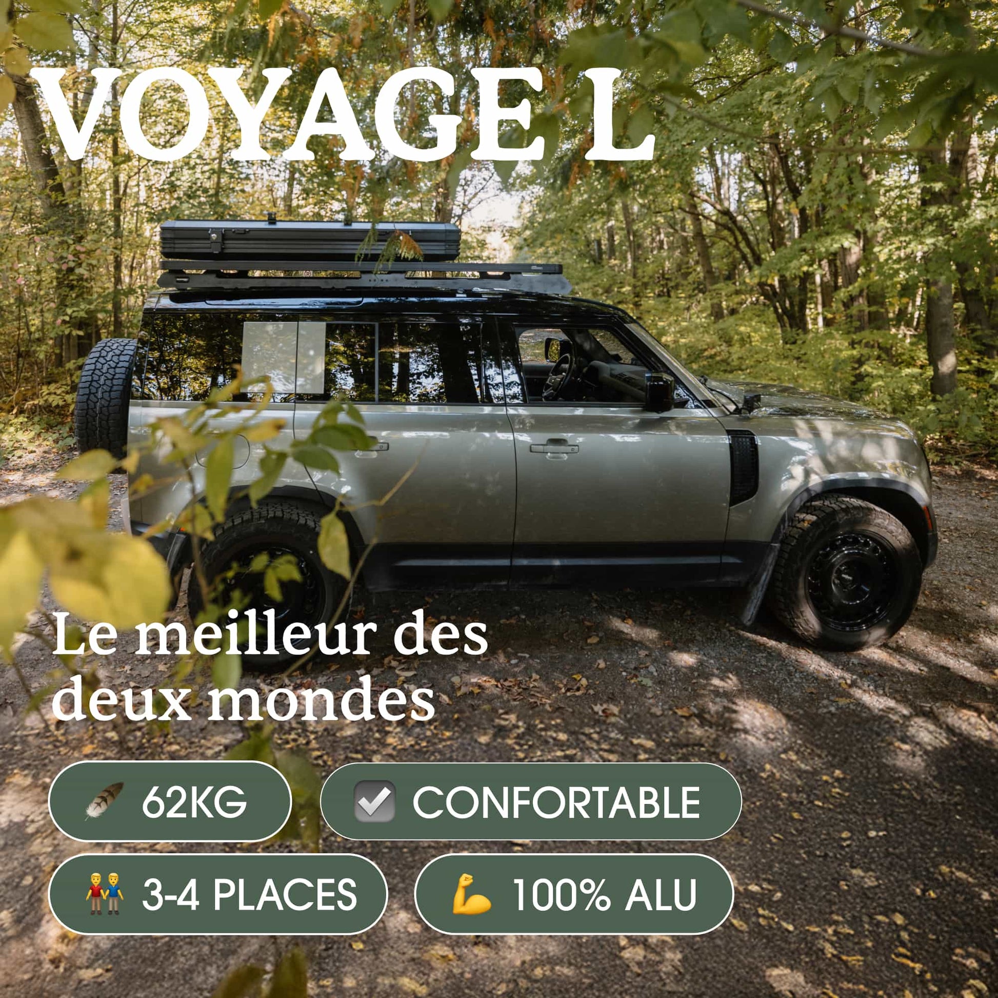 Tente de toit Voyage L GO OVERLAND CANADA pour 4 places, installation sur véhicule, tissu résistant, vue extérieure de la tente de toit