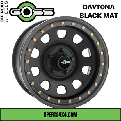 Jante en acier GOSS Daytona noir mat, design robuste pour véhicule, vue de face montrant la finition mate et la structure solide.