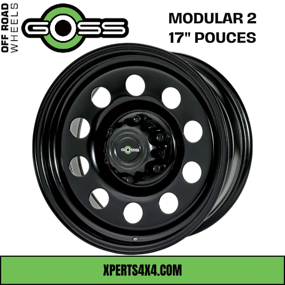 Jante en acier GOSS MODULAR II de 17 pouces, noire, pour véhicule, avec design robuste et finition élégante.