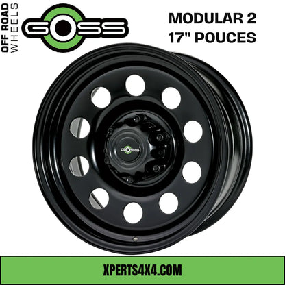 Jante en acier GOSS MODULAR II de 17 pouces, noire, pour véhicule, avec design robuste et finition élégante.
