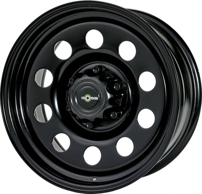 Jante en acier GOSS MODULAR II 17 pouces noire, vue de face montrant le design robuste et la finition noire élégante.