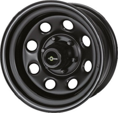 Jante en acier GOSS SOFT8 noir mat pour voiture, vue de face montrant le design robuste et la finition élégante.