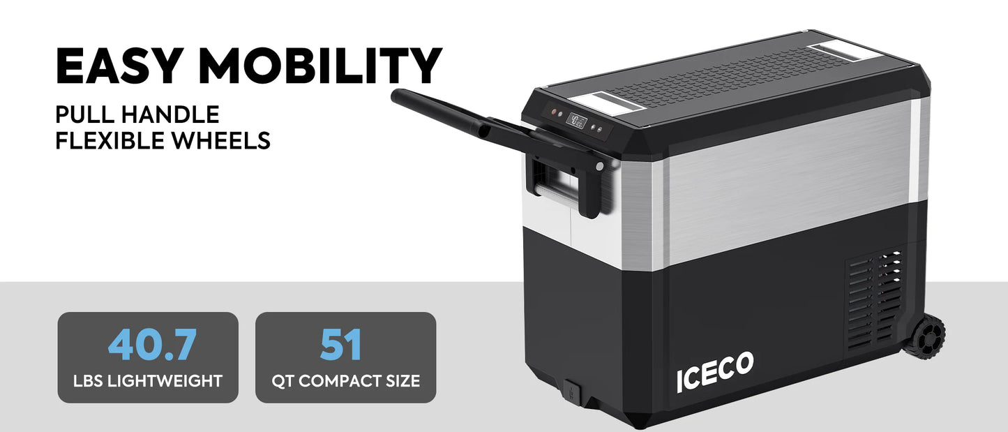 Glacière ICECO JP50 PROS 50L, frigo et freezer off-road avec compresseur, portable, idéal pour aventures en extérieur.