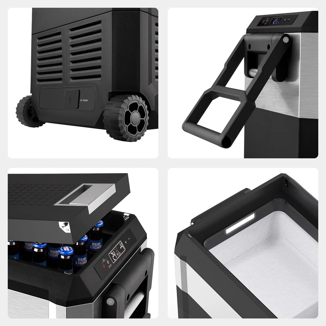 Glacière ICECO JP50 PROS 50L, frigo et freezer off-road, avec poignée et écran numérique, adaptée aux aventures en extérieur.