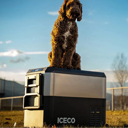 Glacière ICECO JP50 PROS 50L, frigo et freezer compresseur pour usage off-road, vue de face avec poignée et écran digital.