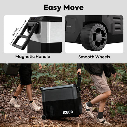 Glacière ICECO JP50 PROS 50L, frigo et freezer compresseur pour usage off-road, vue de face dans un environnement outdoor.