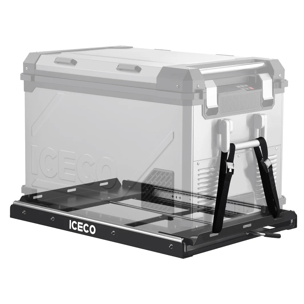 Plateau coulissant ICECO Heavy-Duty pour frigo, sécurité et accès optimal, accessoire pratique pour organisation du réfrigérateur.