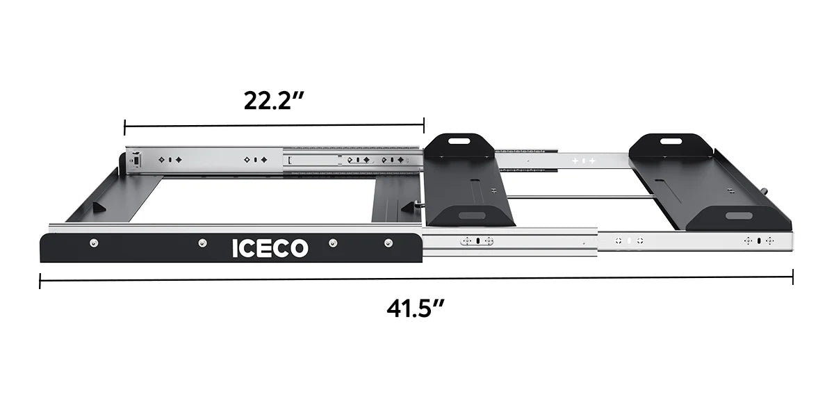 Plateau coulissant ICECO Heavy-Duty pour frigo, dispositif de sécurité et accès optimal pour accessoires de réfrigérateur.