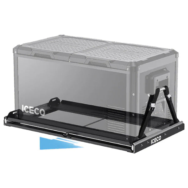 Plateau coulissant ICECO Heavy-Duty pour frigo, avec sécurité et accès facile, adapté aux accessoires de réfrigération.