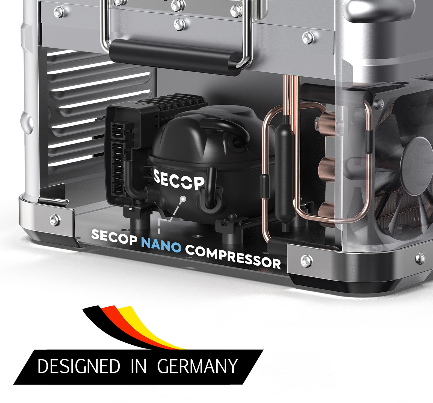 Réfrigérateur ICECO 20L en argent avec zone unique, compact et portable pour conserver aliments et boissons.