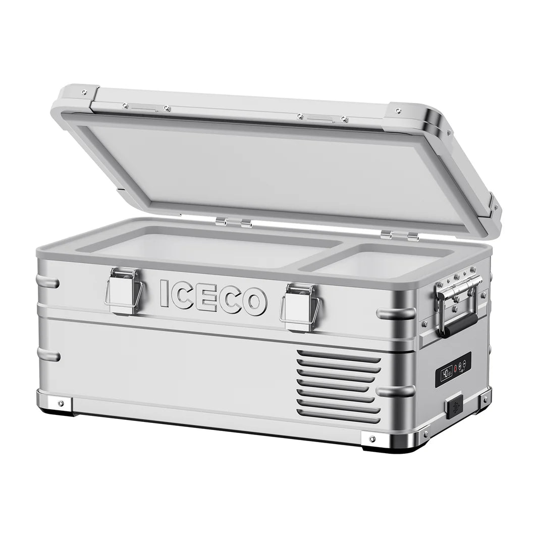 Réfrigérateur/congélateur ICECO 20L en argent, compact et léger, idéal pour le stockage de nourriture et boissons.