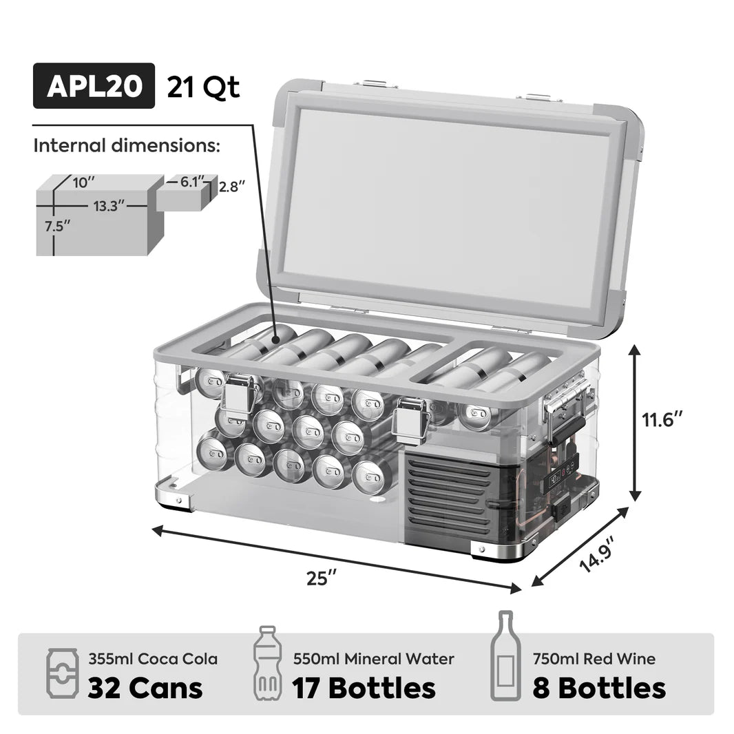 Réfrigérateur et congélateur ICECO 20L en argent, compact et portatif, pour stockage de nourriture et boissons.