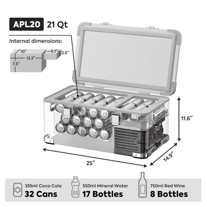 Réfrigérateur et congélateur ICECO 20L en argent, compact et portatif, pour stockage de nourriture et boissons.
