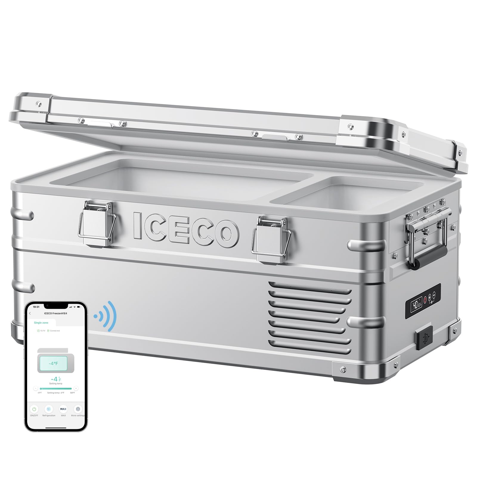 Réfrigérateur/congélateur ICECO 20L à zone unique en argent, compact et portable, idéal pour le stockage de boissons et aliments.