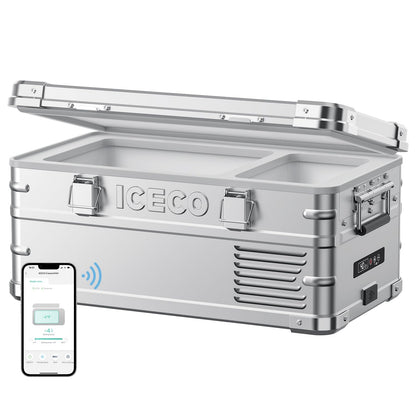 Réfrigérateur/congélateur ICECO 20L à zone unique en argent, compact et portable, idéal pour le stockage de boissons et aliments.