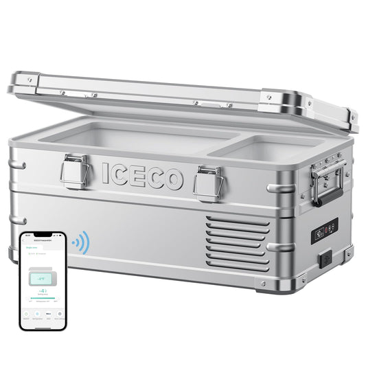 Réfrigérateur/congélateur ICECO 20L à zone unique en argent, compact et portable, idéal pour le stockage de boissons et aliments.
