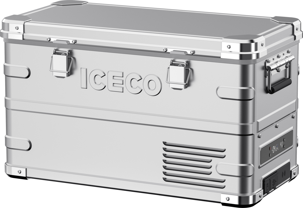 Réfrigérateur/congélateur ICECO 35L double zone en argent, appareil de refroidissement et de congélation compact.