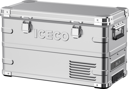 Réfrigérateur/congélateur ICECO 35L double zone en argent, appareil de refroidissement et de congélation compact.