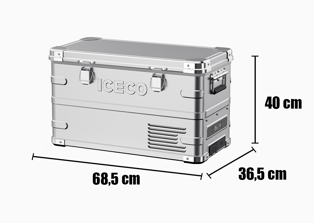 Réfrigérateur/congélateur ICECO 35L double zone en argent, appareil de stockage alimentaire portable avec compartiments séparés.