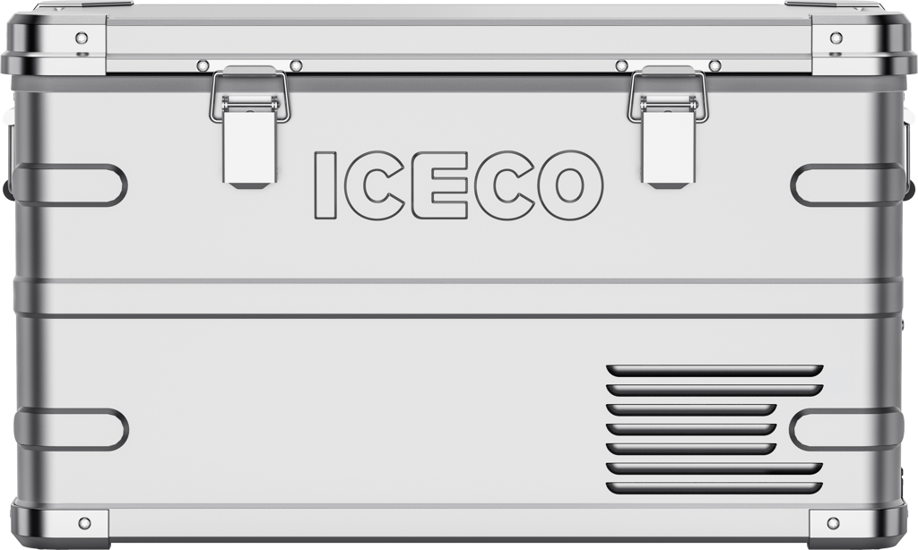 Réfrigérateur/congélateur ICECO 35L double zone en argent, frigo et accessoires, vue de face avec compartiments séparés