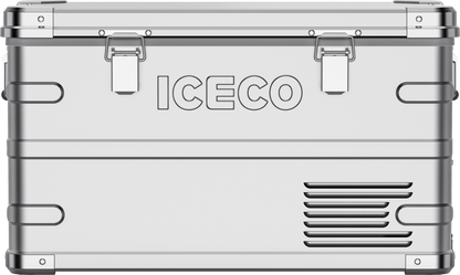 Réfrigérateur/congélateur ICECO 35L double zone en argent, frigo et accessoires, vue de face avec compartiments séparés